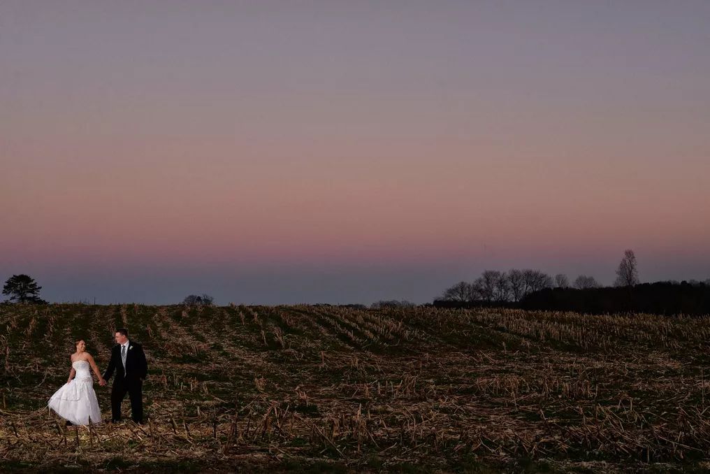 Bride and groom walk hand in hand across field under pink twilight sky.