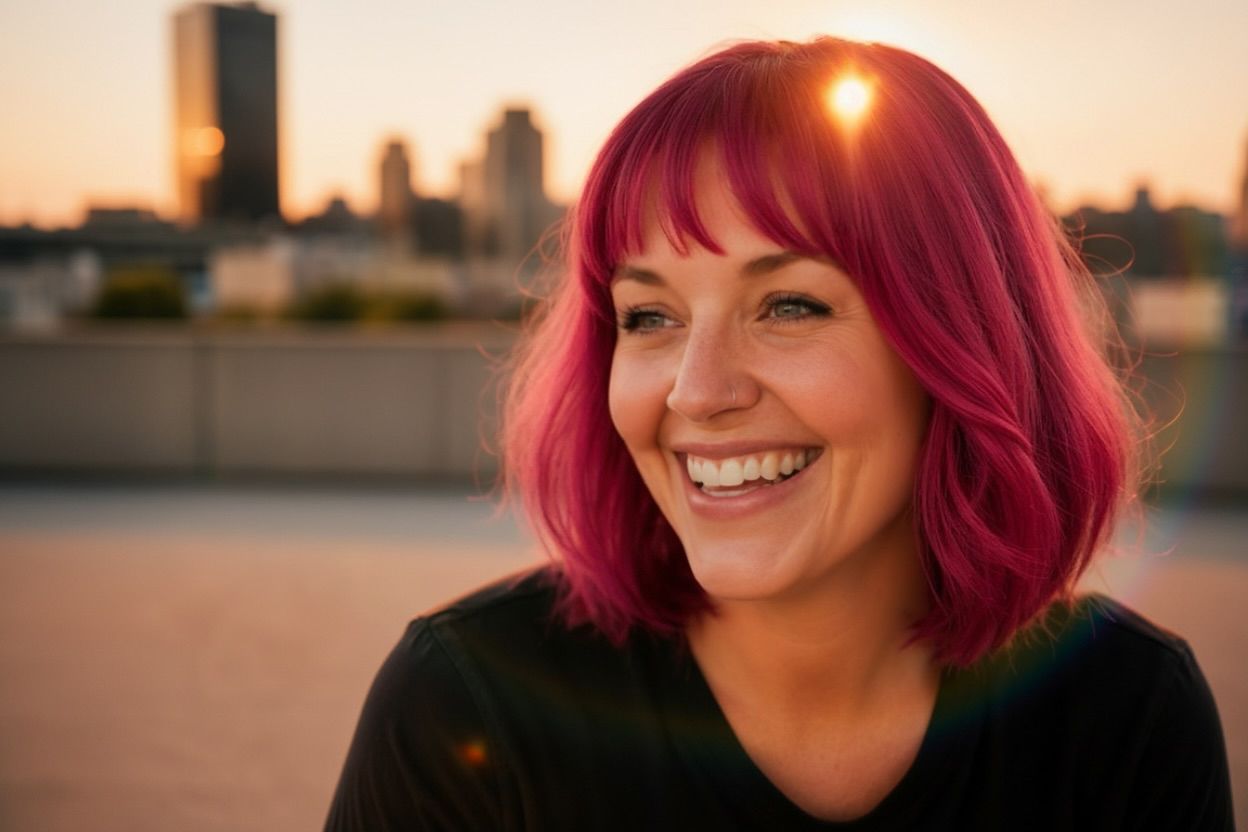 Smiling woman with vibrant pink hair enjoys golden hour sunset on rooftop with city skyline backdrop.