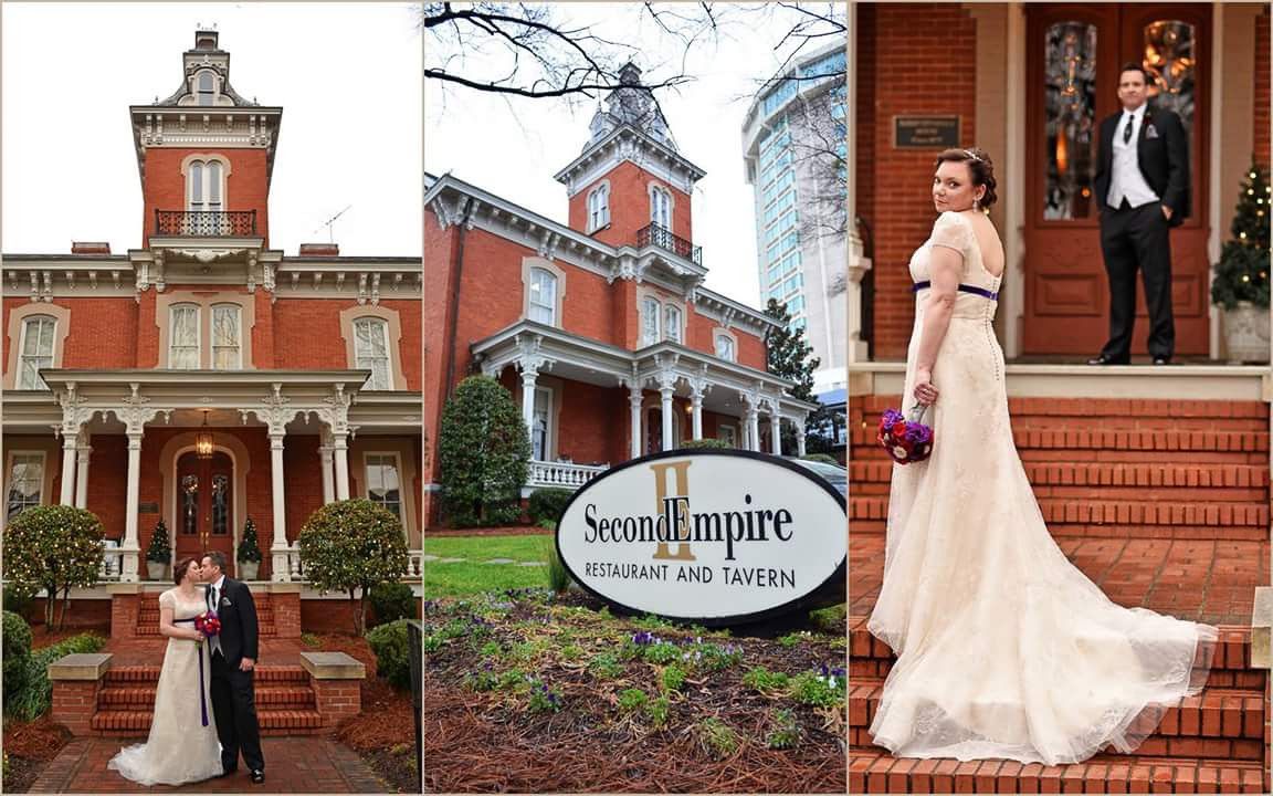 Wedding couple poses outside historic red brick Second Empire Restaurant and Tavern venue in multiple shots.