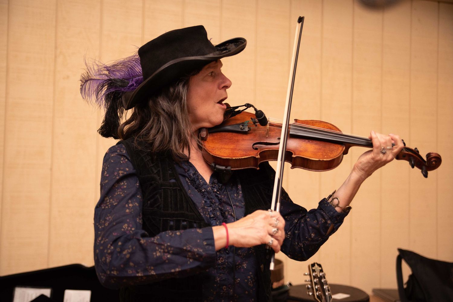 Woman in black hat with purple feather playing violin at indoor event.