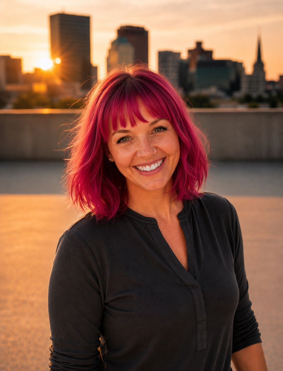 Smiling woman with vibrant pink-red hair poses at sunset with a city skyline backdrop.