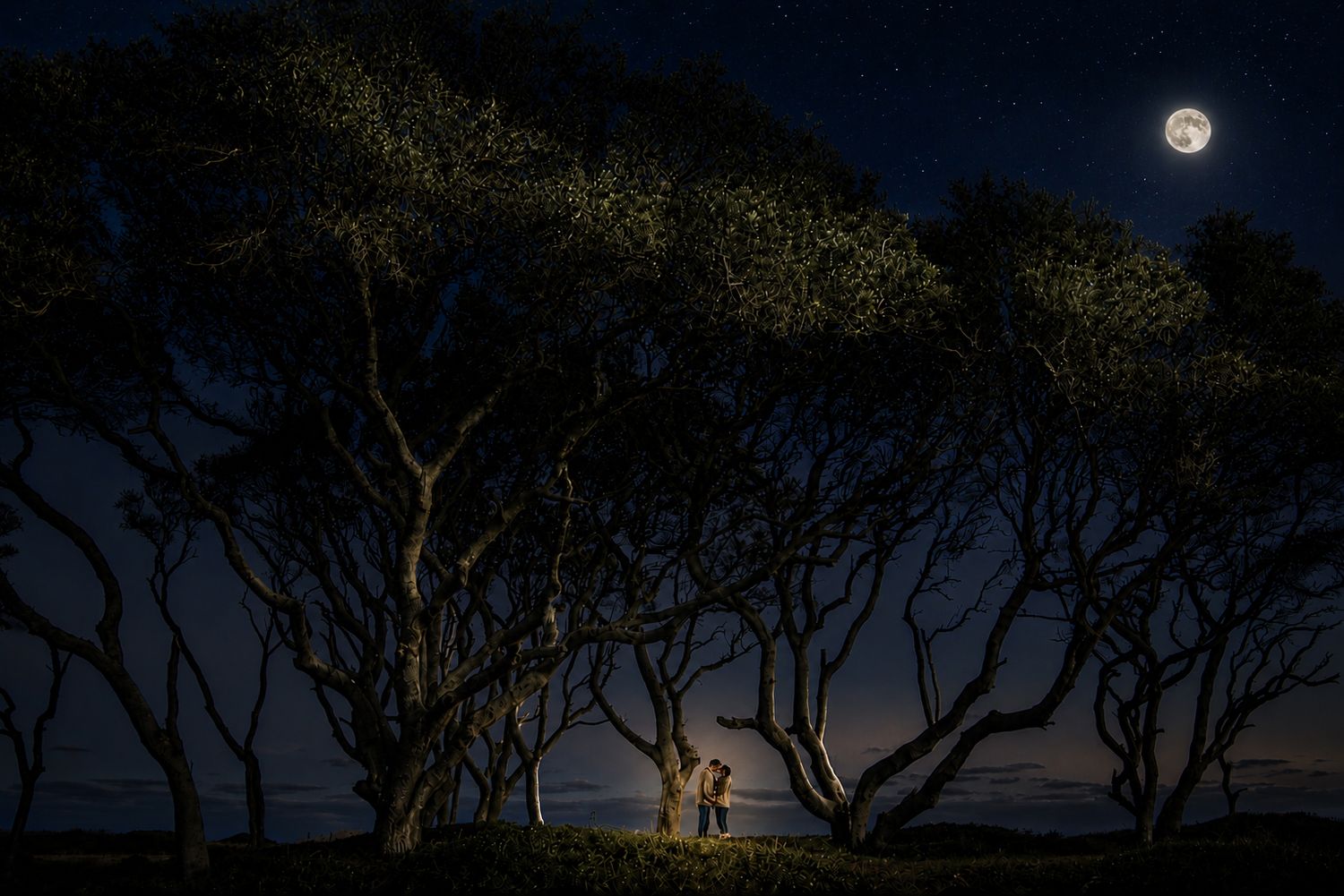 Couple stands romantically under moonlit twisted trees by the ocean in a stunning nighttime wedding photo.