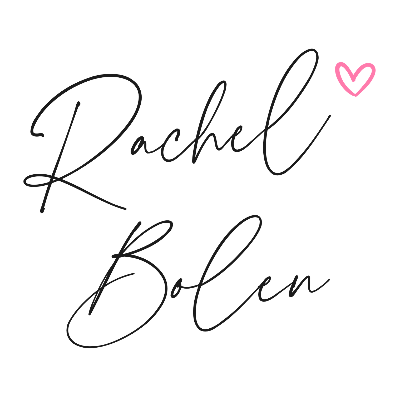 Elegant handwritten Rachel Bolen signature logo with a small pink heart accent on white background.