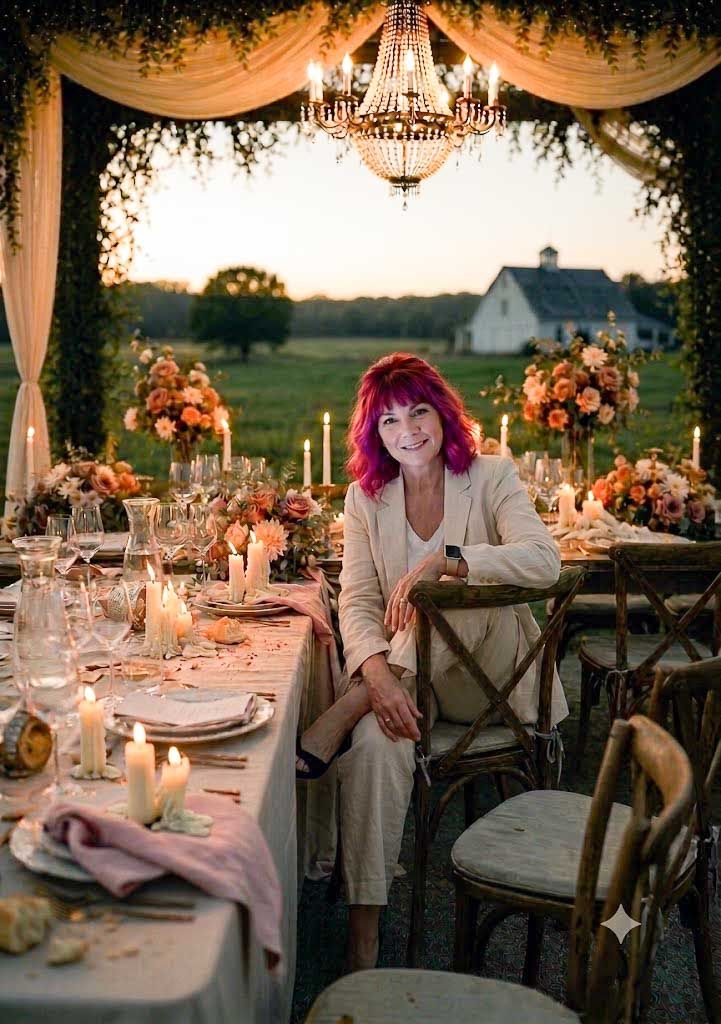 Woman with pink hair poses at elegant outdoor candlelit wedding reception table with floral arrangements and chandelier at sunset.