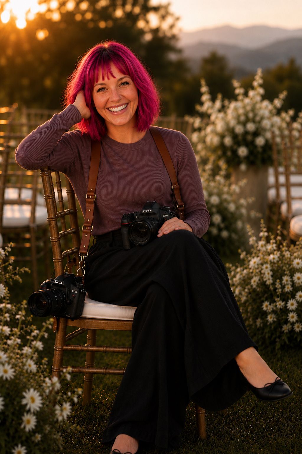 Smiling woman with pink hair sits on chair holding Nikon camera at golden hour outdoor wedding venue.