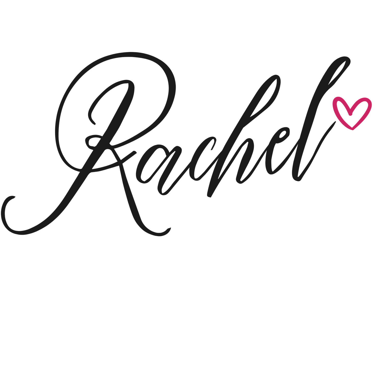 Elegant cursive Rachel signature logo in black script with a small pink heart accent on white background.