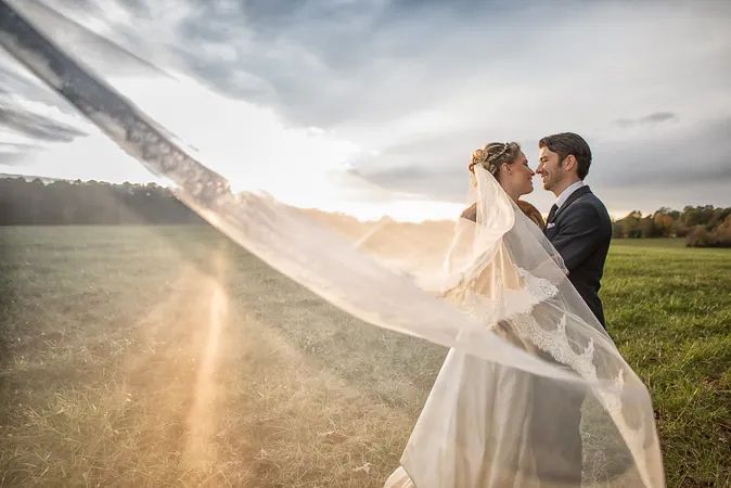 Bride and groom kissing in a sunlit field with wedding veil dramatically blowing in the wind.