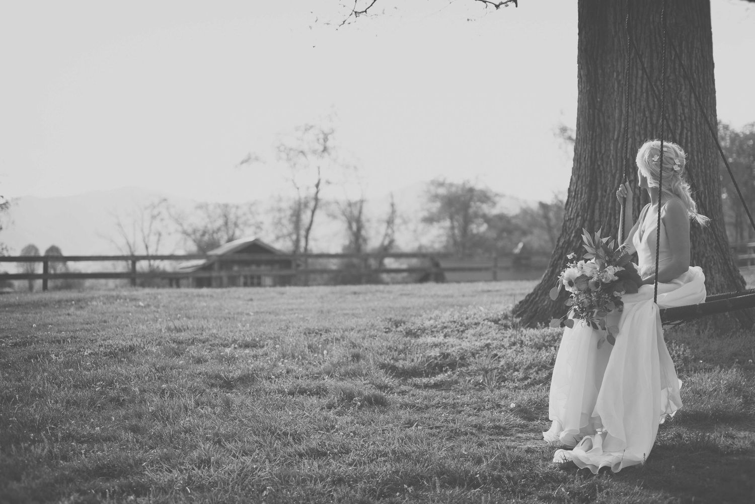 Black and white photo of a bride in a white gown holding a bouquet, standing beside a large tree in a pastoral setting.