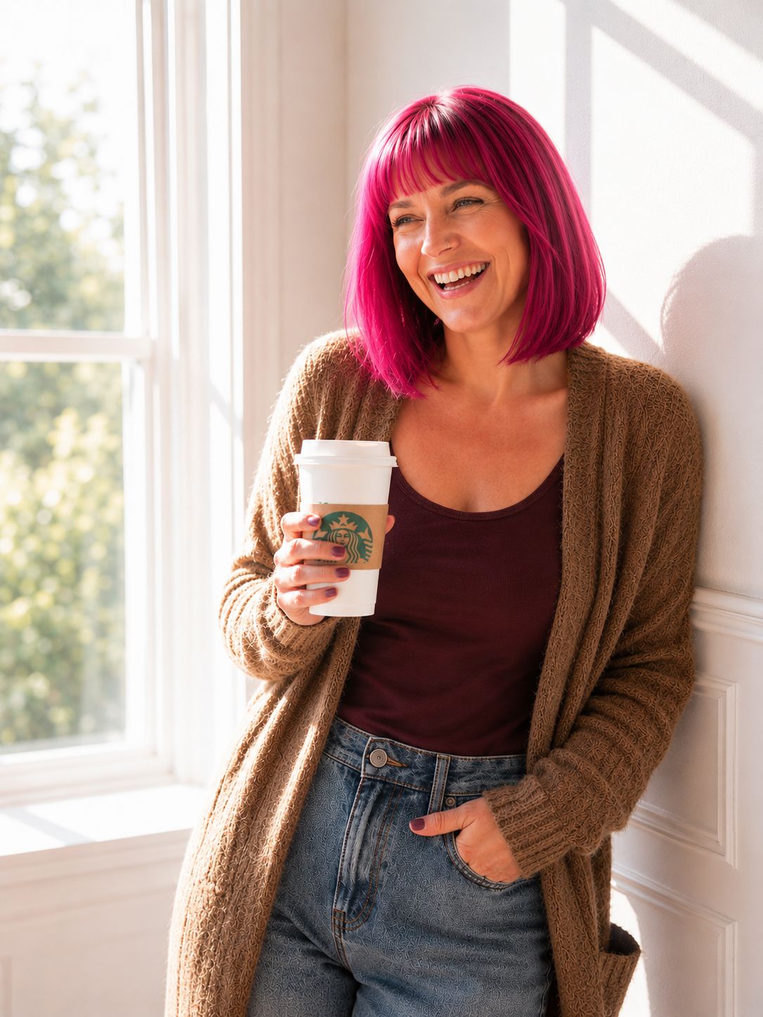 Smiling woman with pink bob haircut holding Starbucks cup, wearing brown cardigan and jeans, leaning against wall by window.