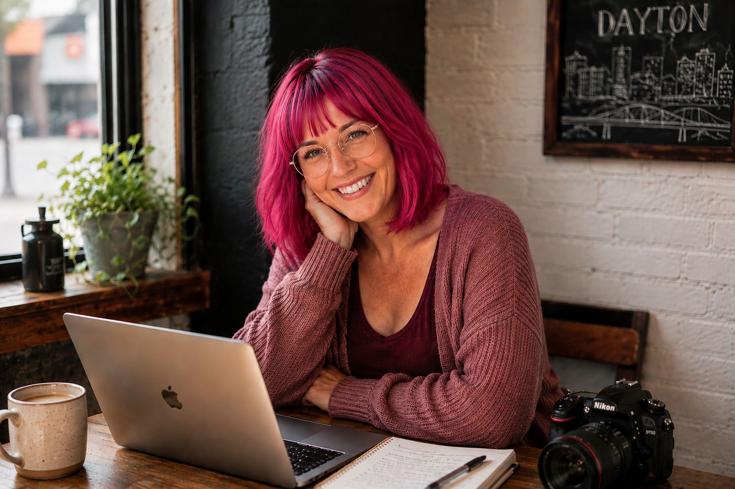 Woman with pink hair smiling at laptop in cozy cafe with camera nearby and Dayton sign on wall.