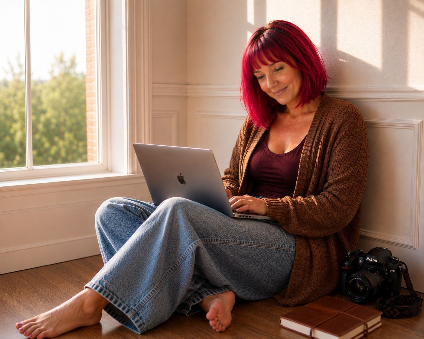 Woman with red hair sits barefoot on floor using MacBook laptop near sunny window with camera nearby.