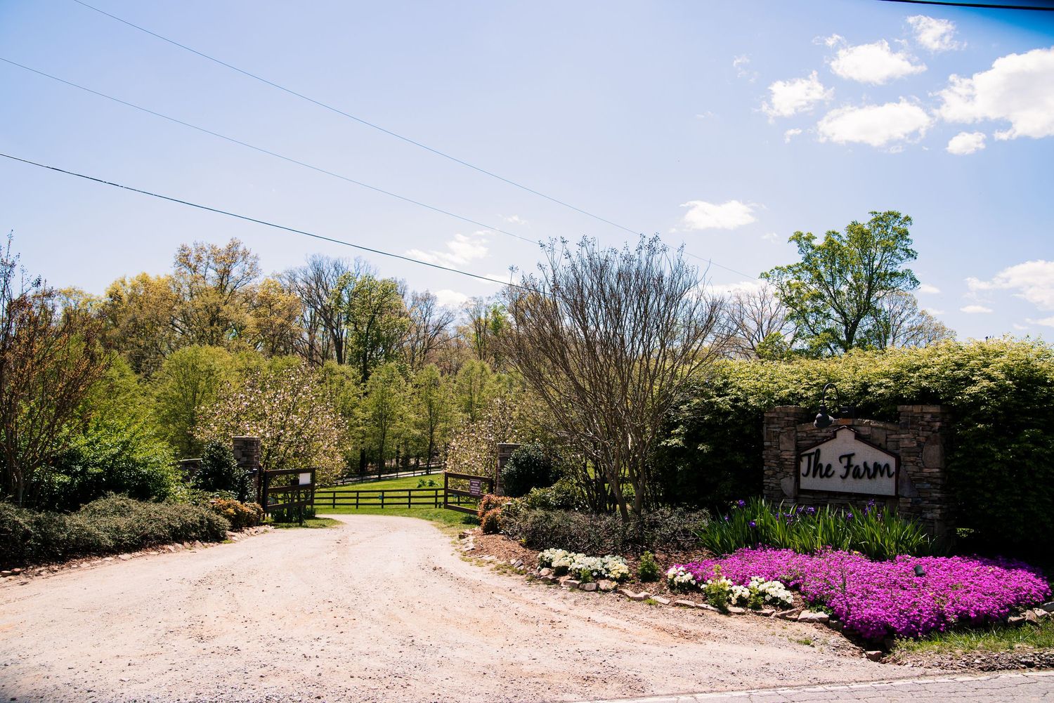 Entrance to The Farm venue with a gravel driveway, wooden gate, blooming pink flowers, and lush green trees on a sunny day.