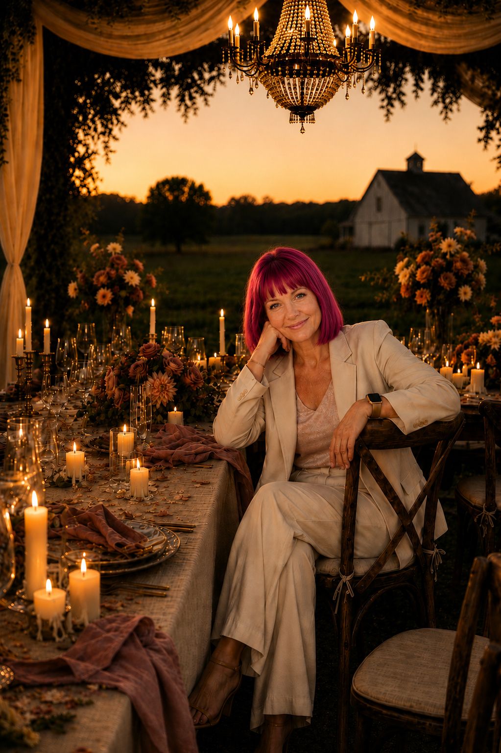 Woman with pink hair in white suit sits at candlelit outdoor dinner table at sunset near a barn.
