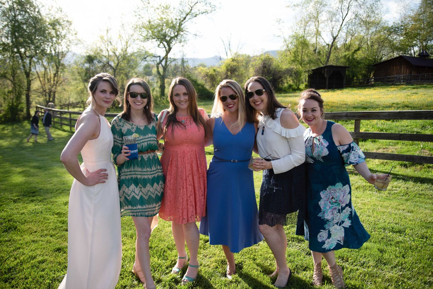 Six women smiling and posing together outdoors at a sunny garden event, wearing colorful dresses and casual attire.