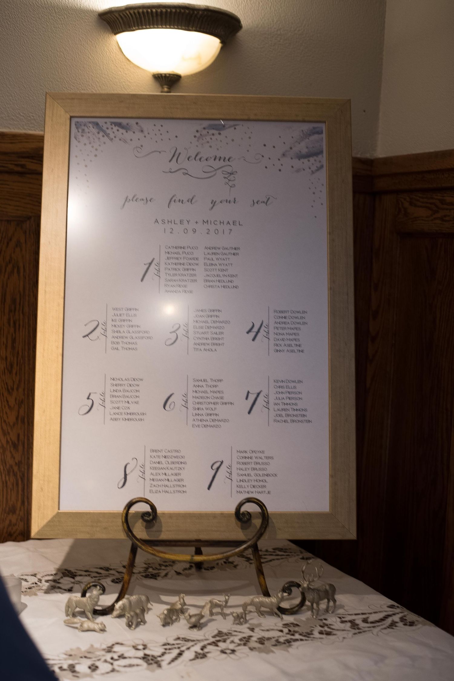 Wedding seating chart display on elegant gold easel with welcome sign listing guest table assignments for Ashley and Michael.