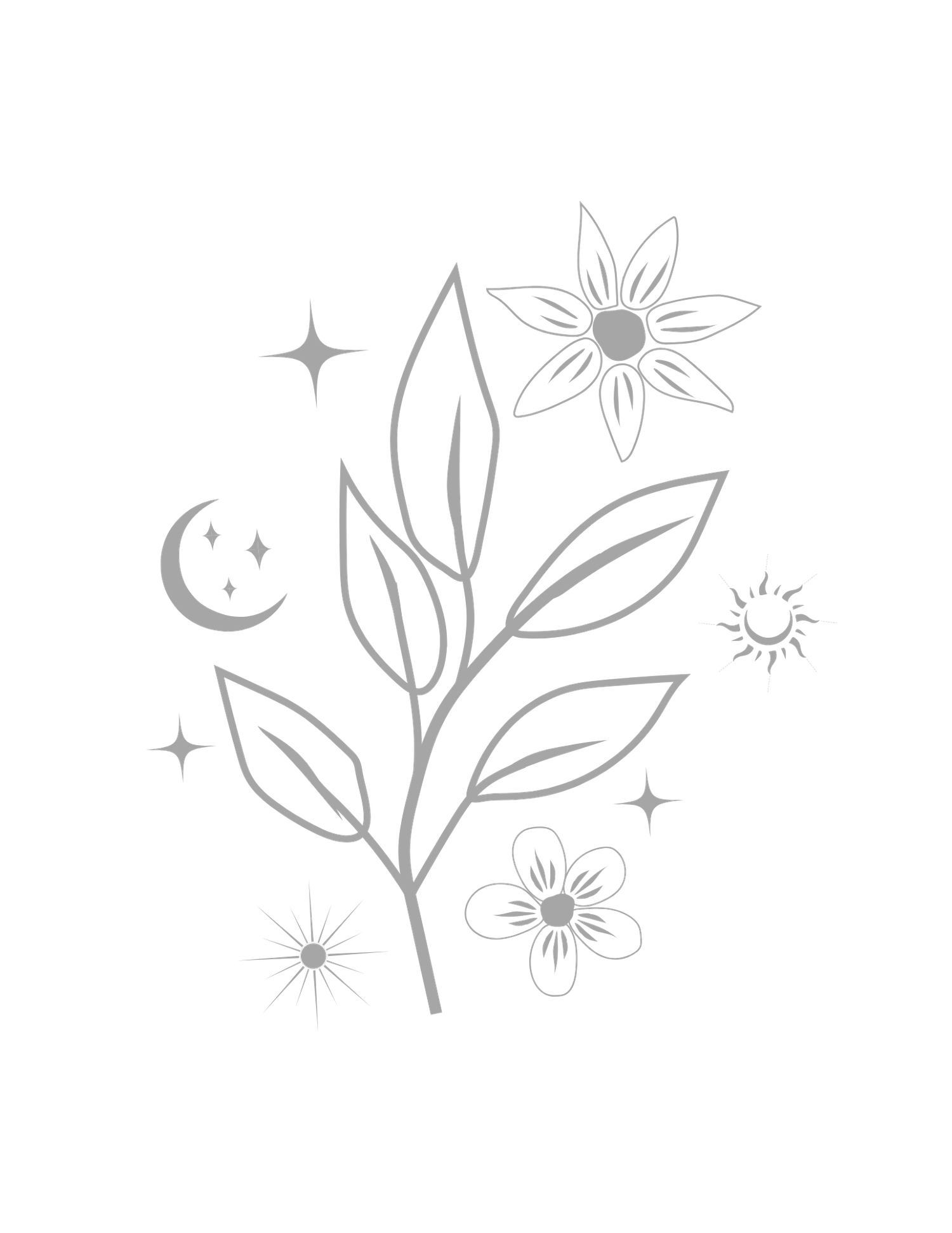 Minimalist botanical line art with leaves, flowers, crescent moon, stars, and sparkles in soft gray tones.