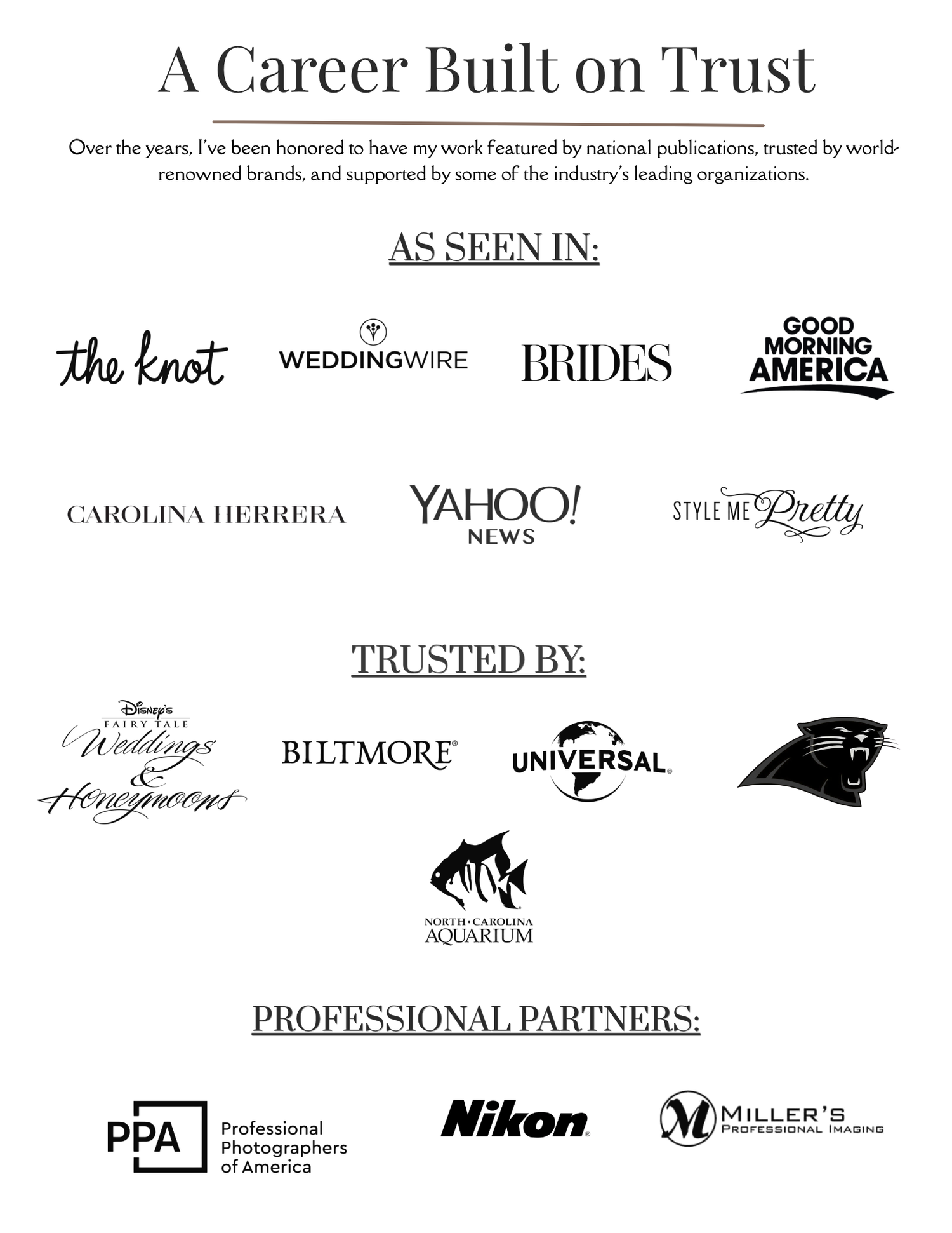 A career built on trust portfolio page featuring logos from The Knot, Brides, Yahoo News, Biltmore, Universal, Nikon, and PPA.
