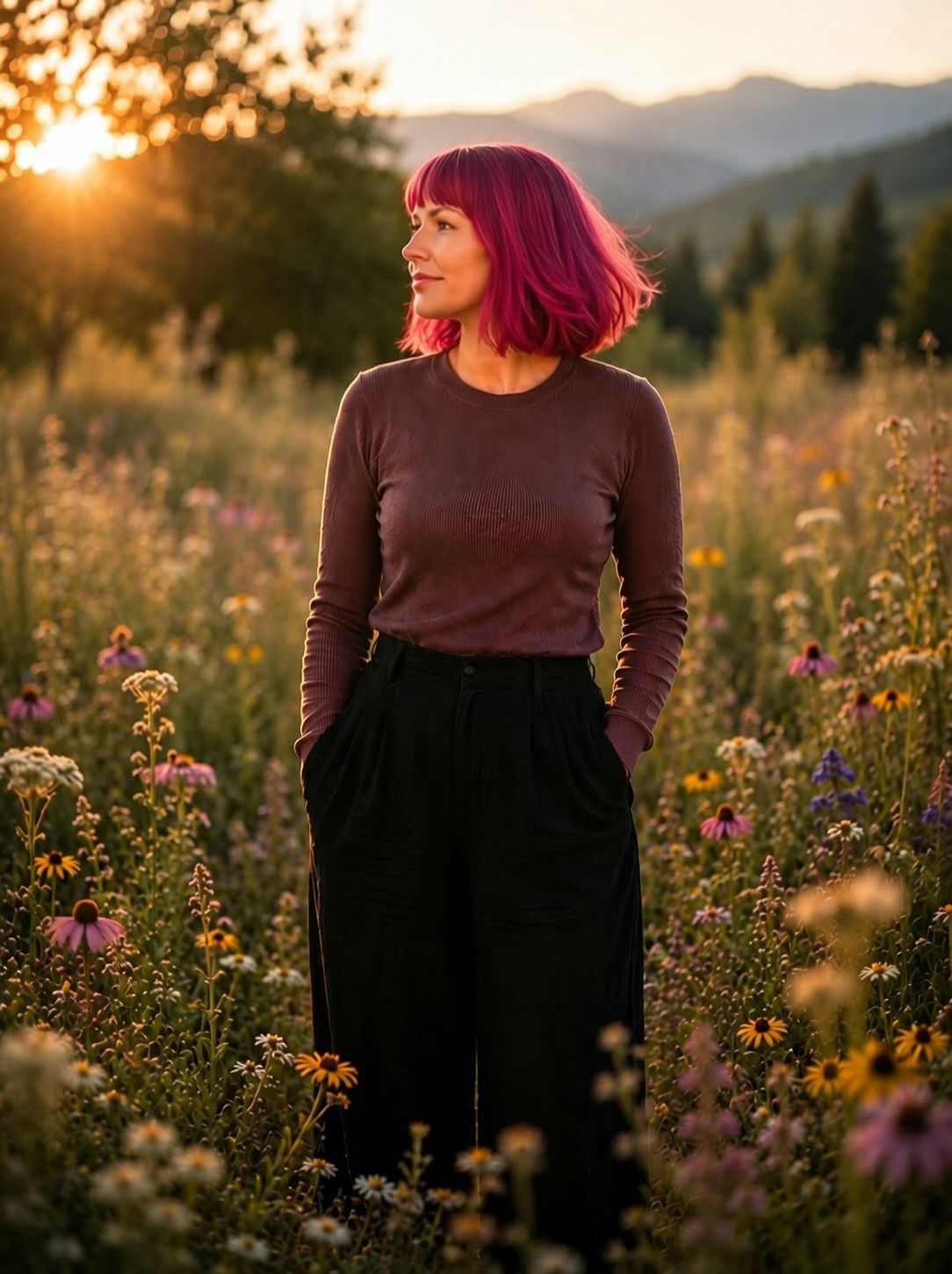 Woman with pink hair stands in a wildflower meadow at golden sunset with mountain backdrop.