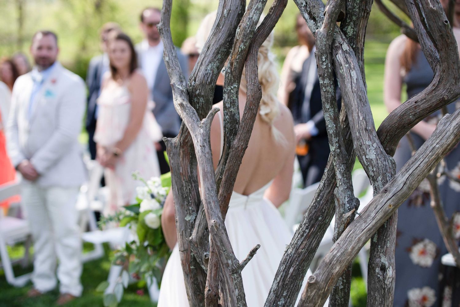 Rustic branch wedding arch frames guests seated outdoors during an elegant garden ceremony.