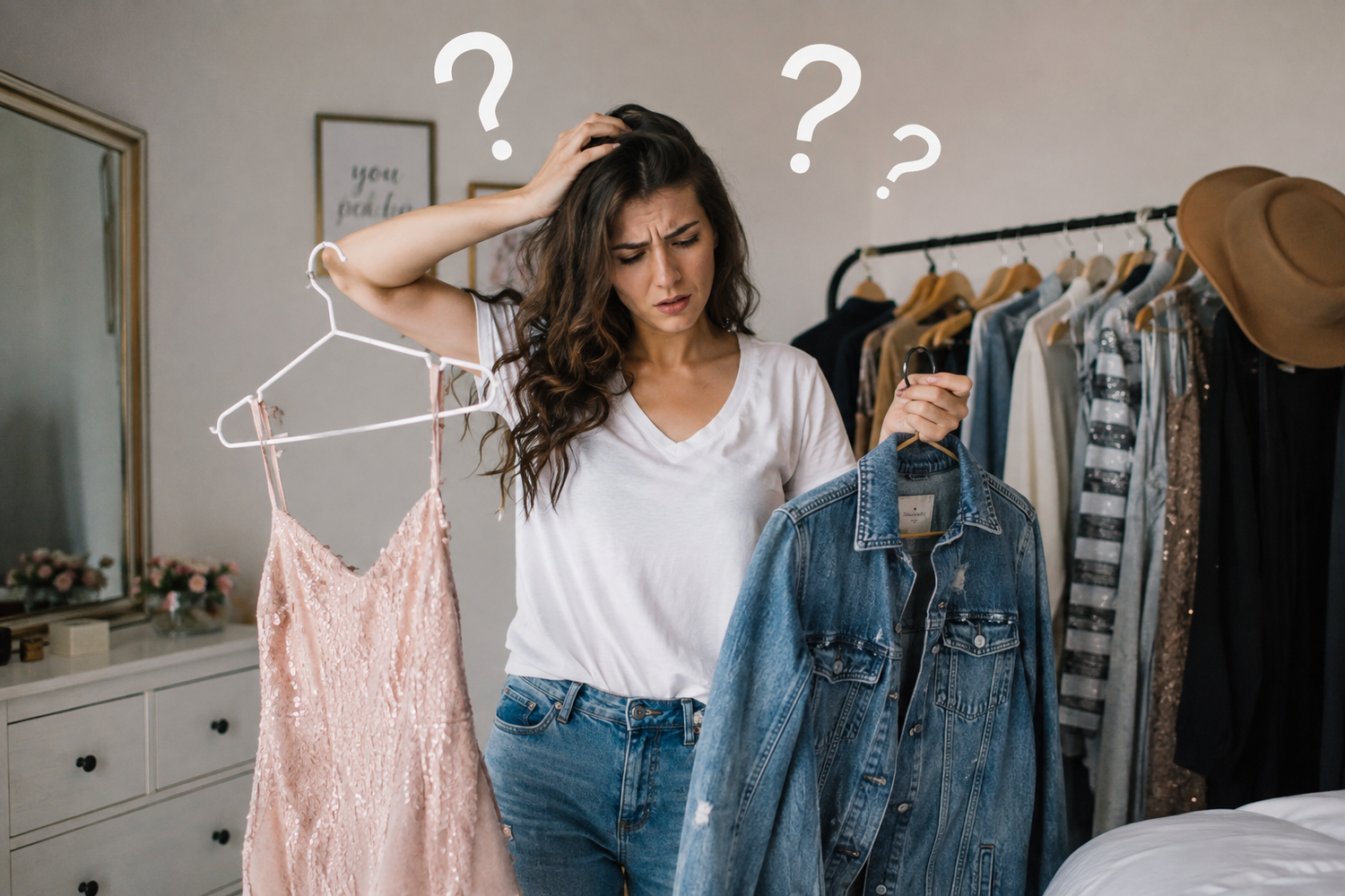 Woman holding a pink dress and denim jacket with question marks, deciding what outfit to wear in her bedroom.