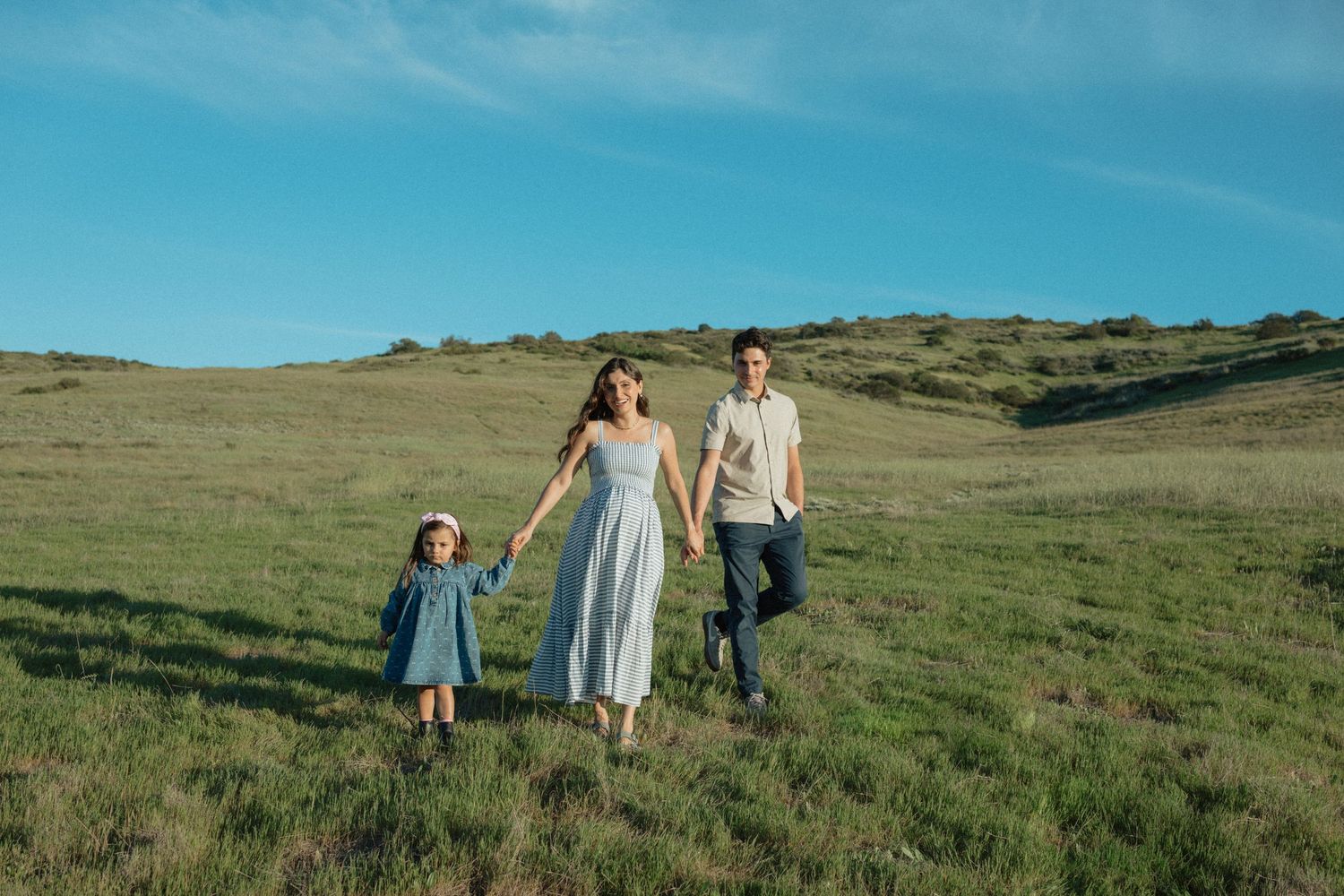 Family of three walking hand in hand through a green meadow under a blue sky.