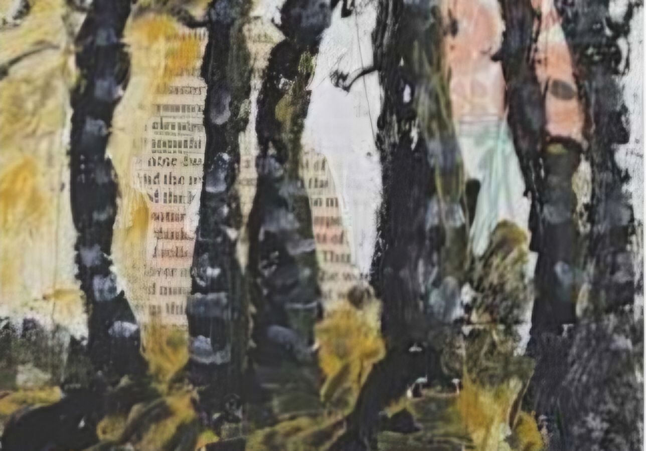 Trees in poetry, Scottish borders, Decoupage old poetry book, orgunial acrylic painting. Scotland.