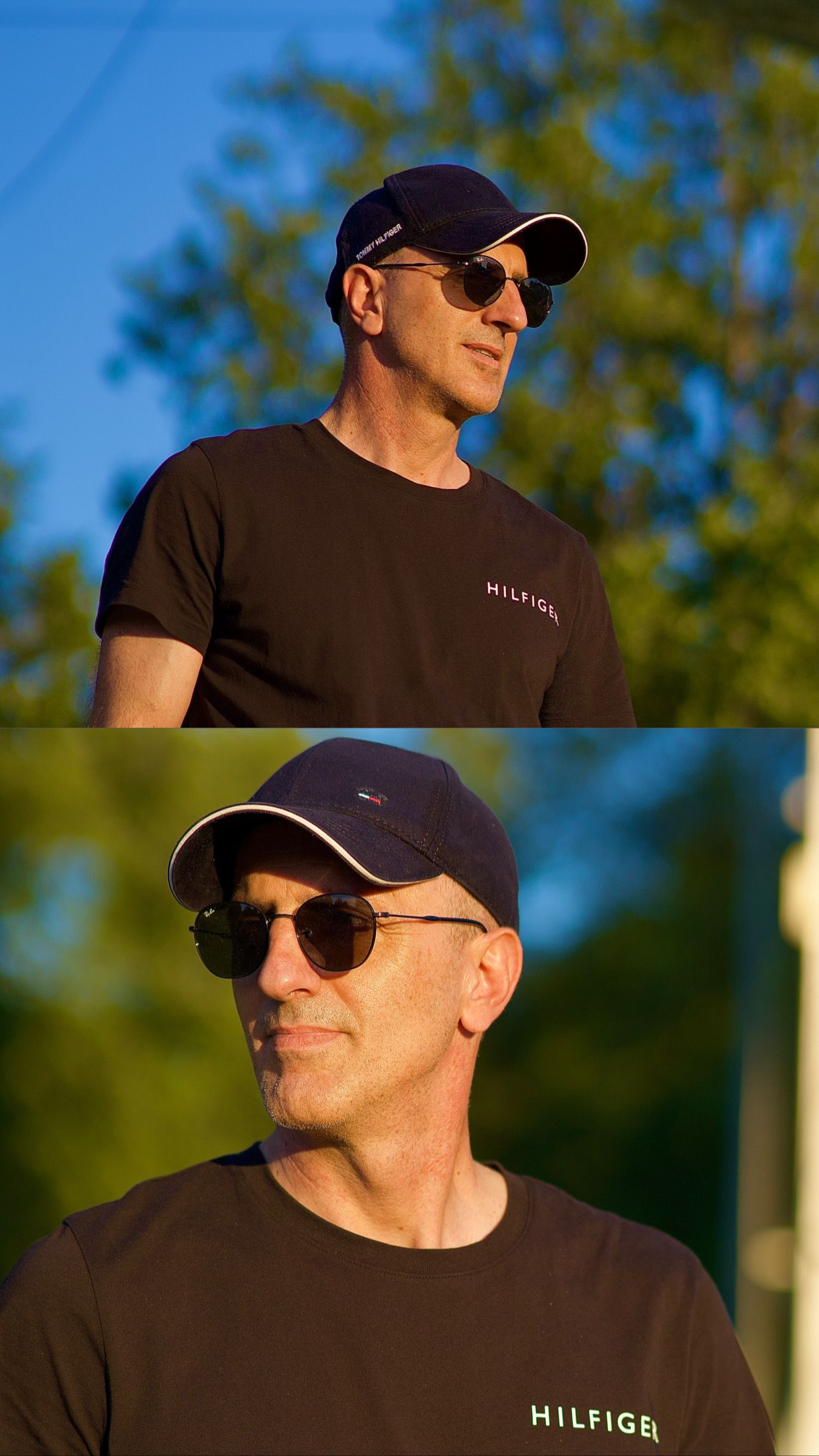 Collage of a man wearing a Tommy Hilfiger shirt, cap, and sunglasses in golden evening light.