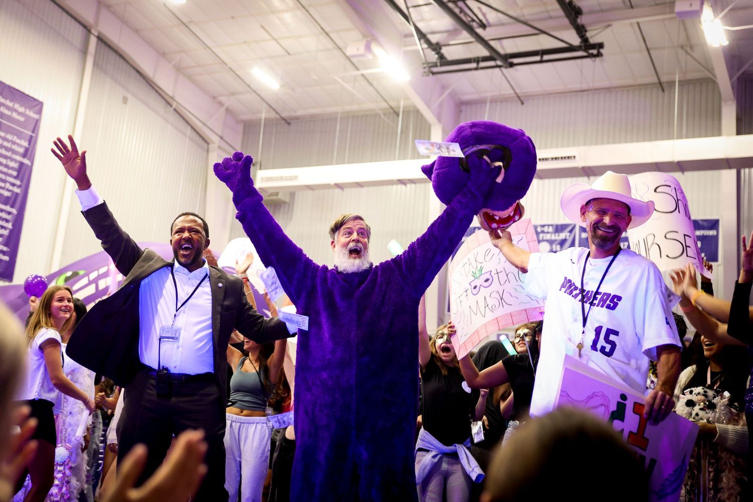 Previous principal of R.L. Paschal High School shocks the school at the Homecoming Pep Rally as he had been hiding in the Panther costume.