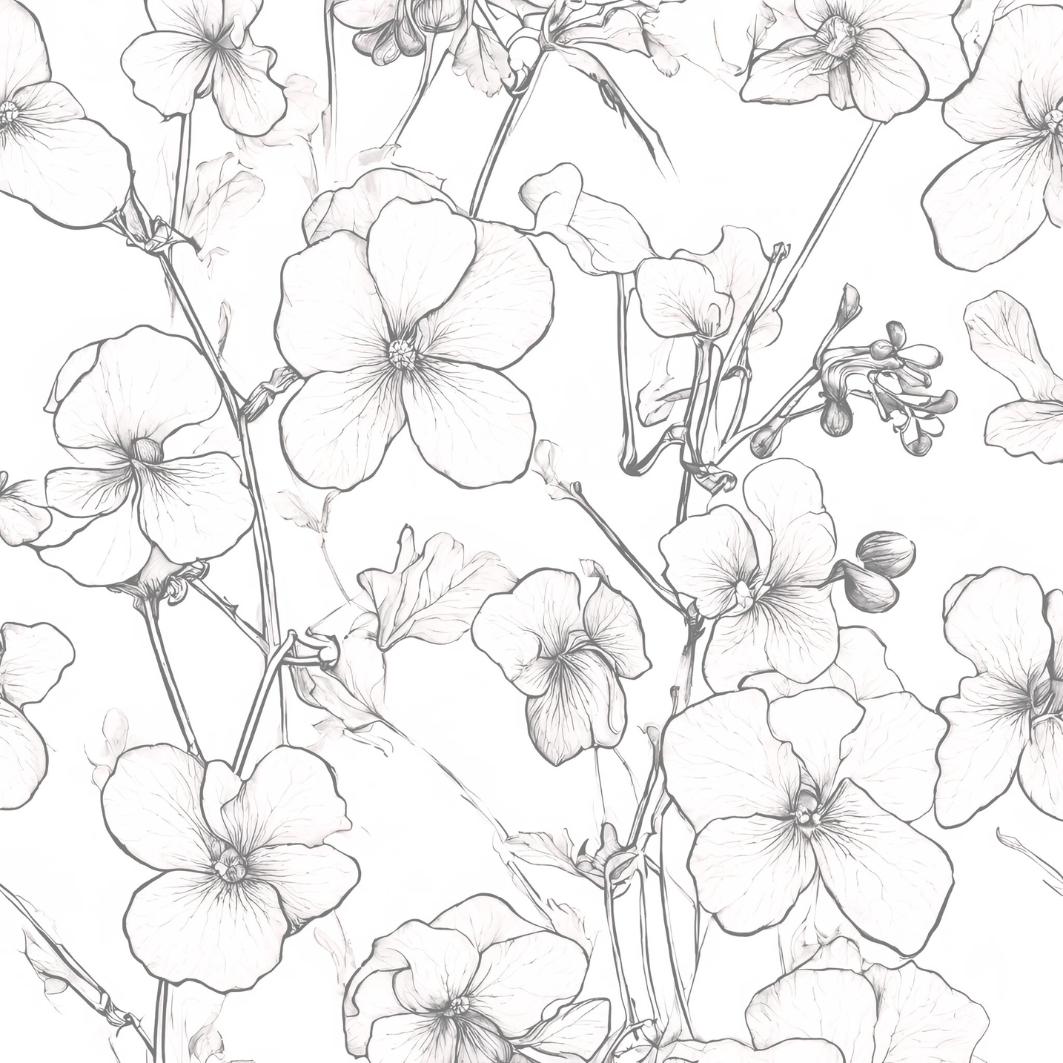 Delicate hand-drawn floral pattern with blooming flowers and buds in a seamless black and white design.