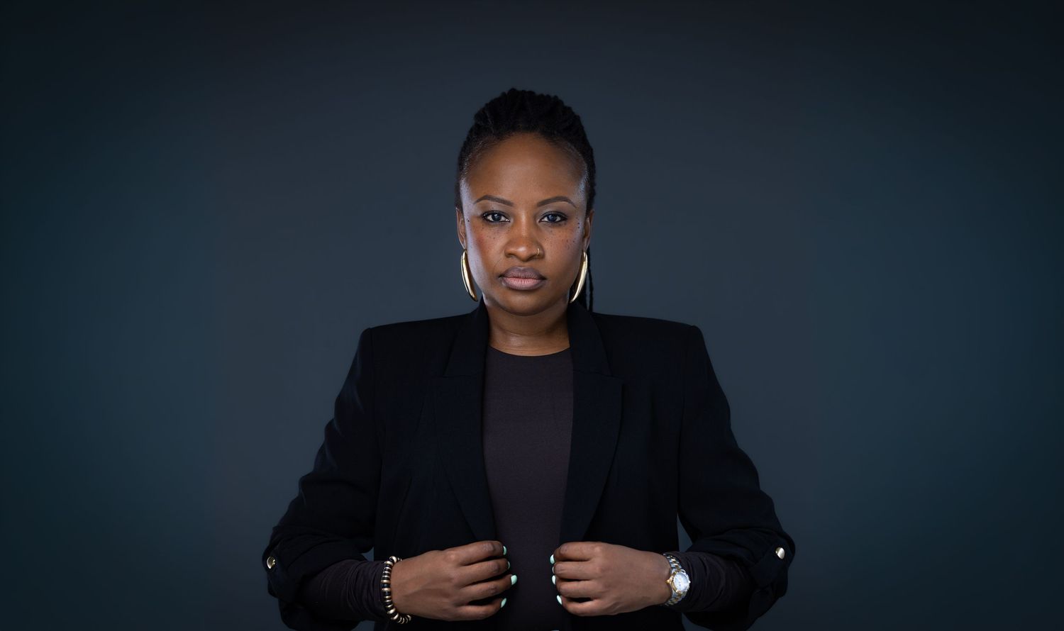 Professional studio portraits against dark backgrounds showcase dramatic lighting and formal attire.