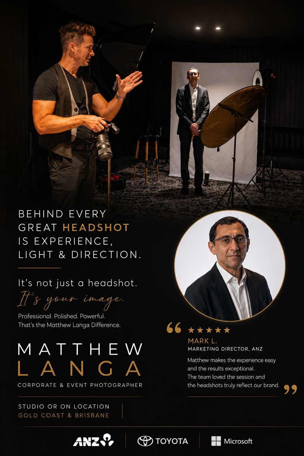 Matthew Langa corporate photographer directing a professional headshot session in a studio on Gold Coast and Brisbane.