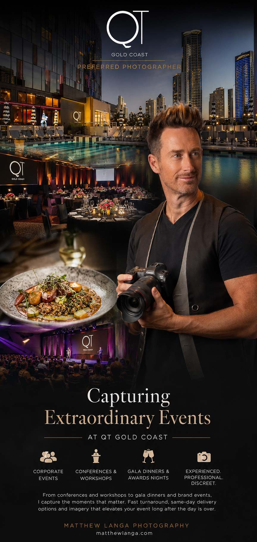 Professional photographer holding camera at QT Gold Coast hotel, advertising event photography services for corporate and gala events.