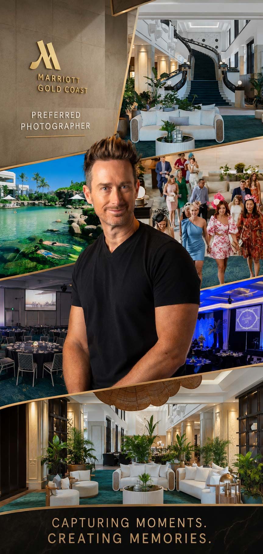 Marriott Gold Coast preferred photographer promotional collage featuring a man in black, hotel interiors, pool, and events.