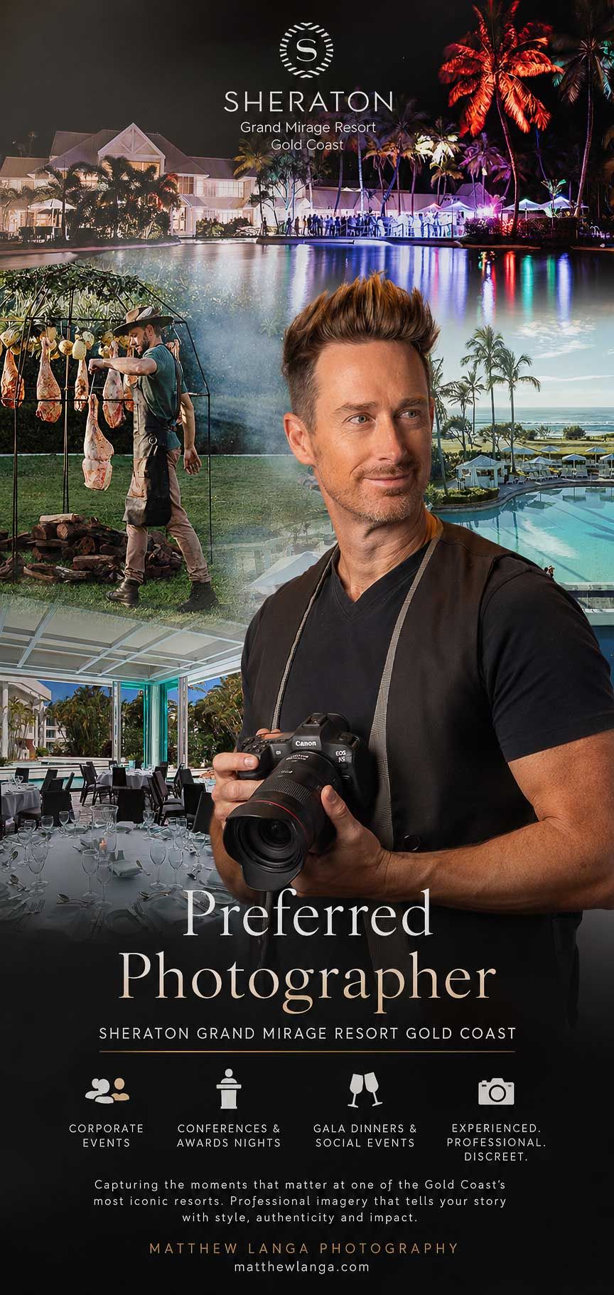 Matthew Langa, preferred photographer at Sheraton Grand Mirage Resort Gold Coast, holding camera with resort collage backdrop.