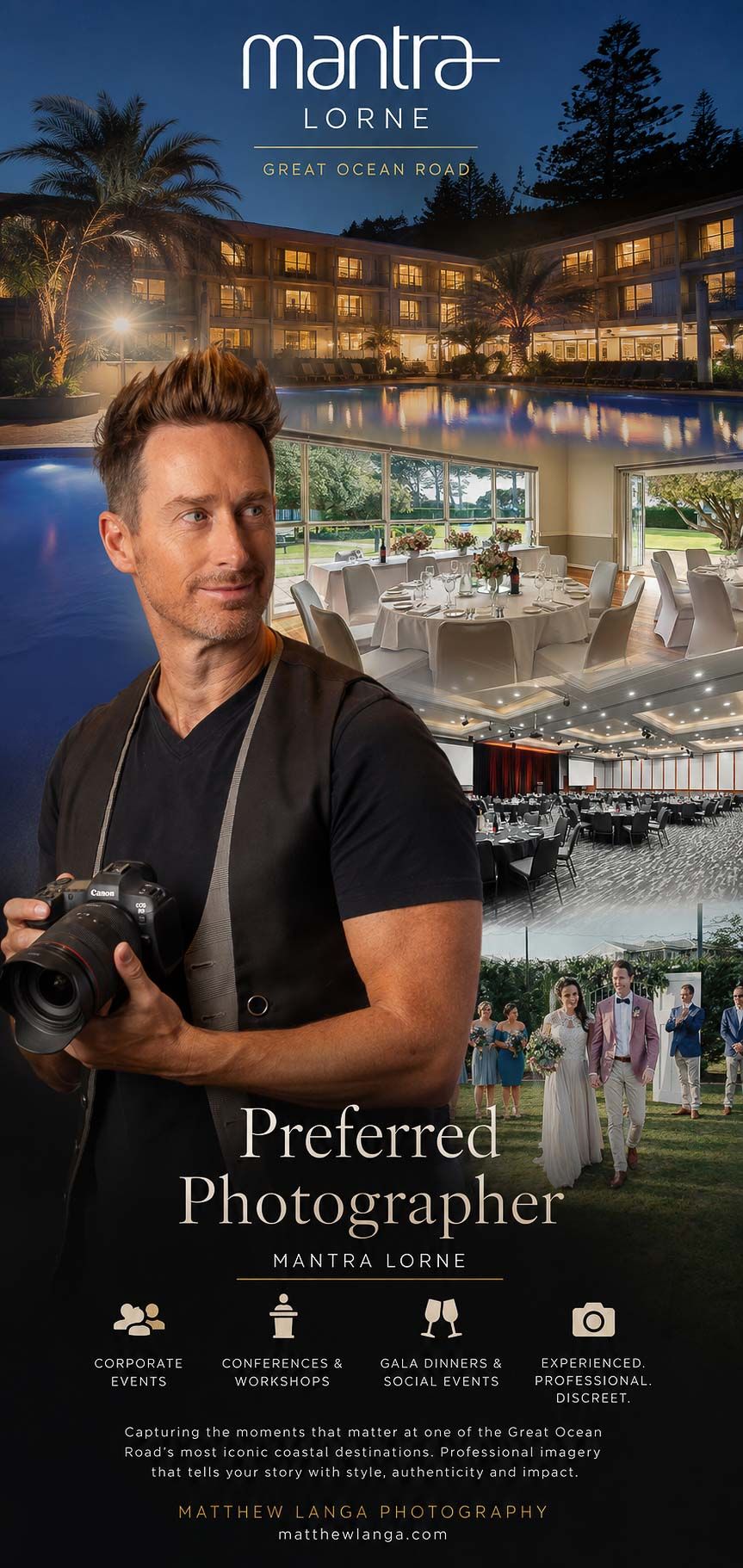 Matthew Langa, preferred photographer at Mantra Lorne on Great Ocean Road, holding camera, with event venue photos.