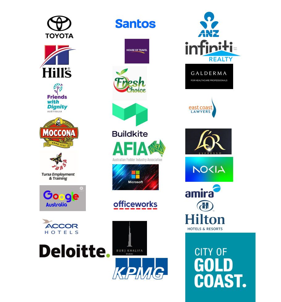 Collage of sponsor logos including Toyota, Santos, ANZ, Hills, Moccona, Buildkite, AFIA, Nokia, Google, Officeworks, Hilton, Deloitte, KPMG,