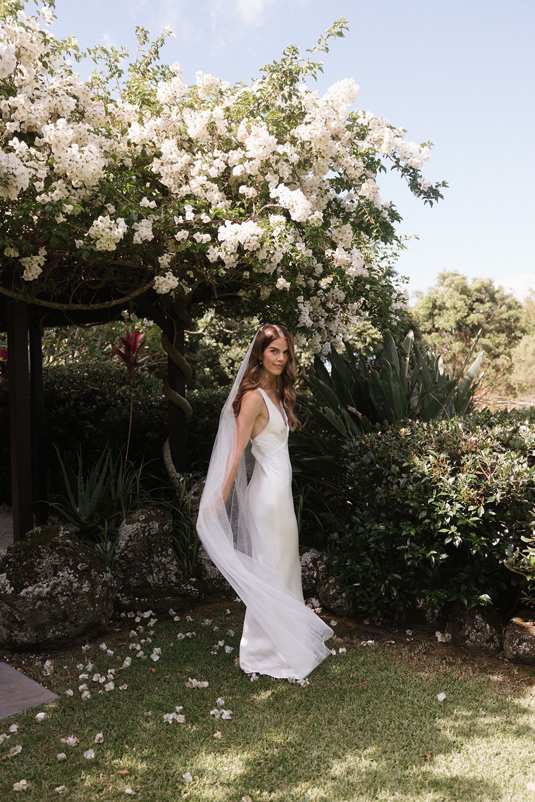 Romantic garden photoshoot featuring white flowering trees and lush greenery in natural sunlight.