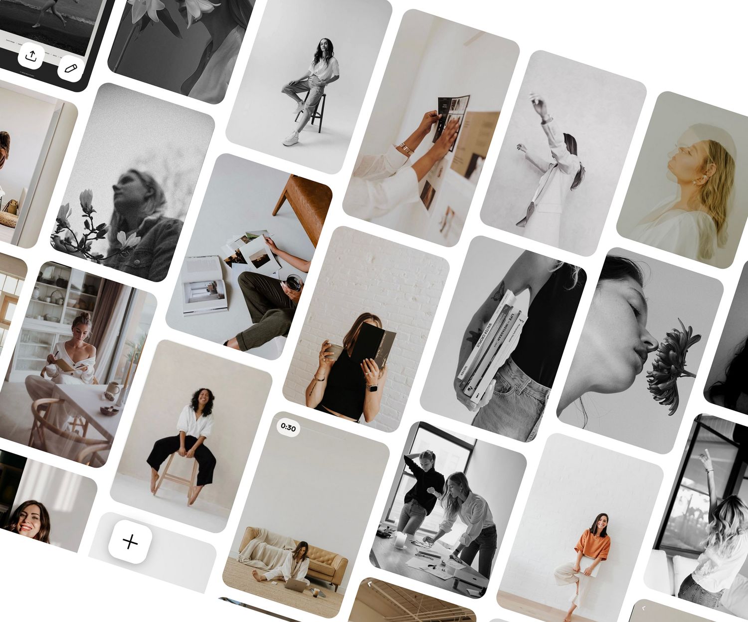 A collection of artistic black and white and color photographs arranged in a grid pattern showing various lifestyle moments.