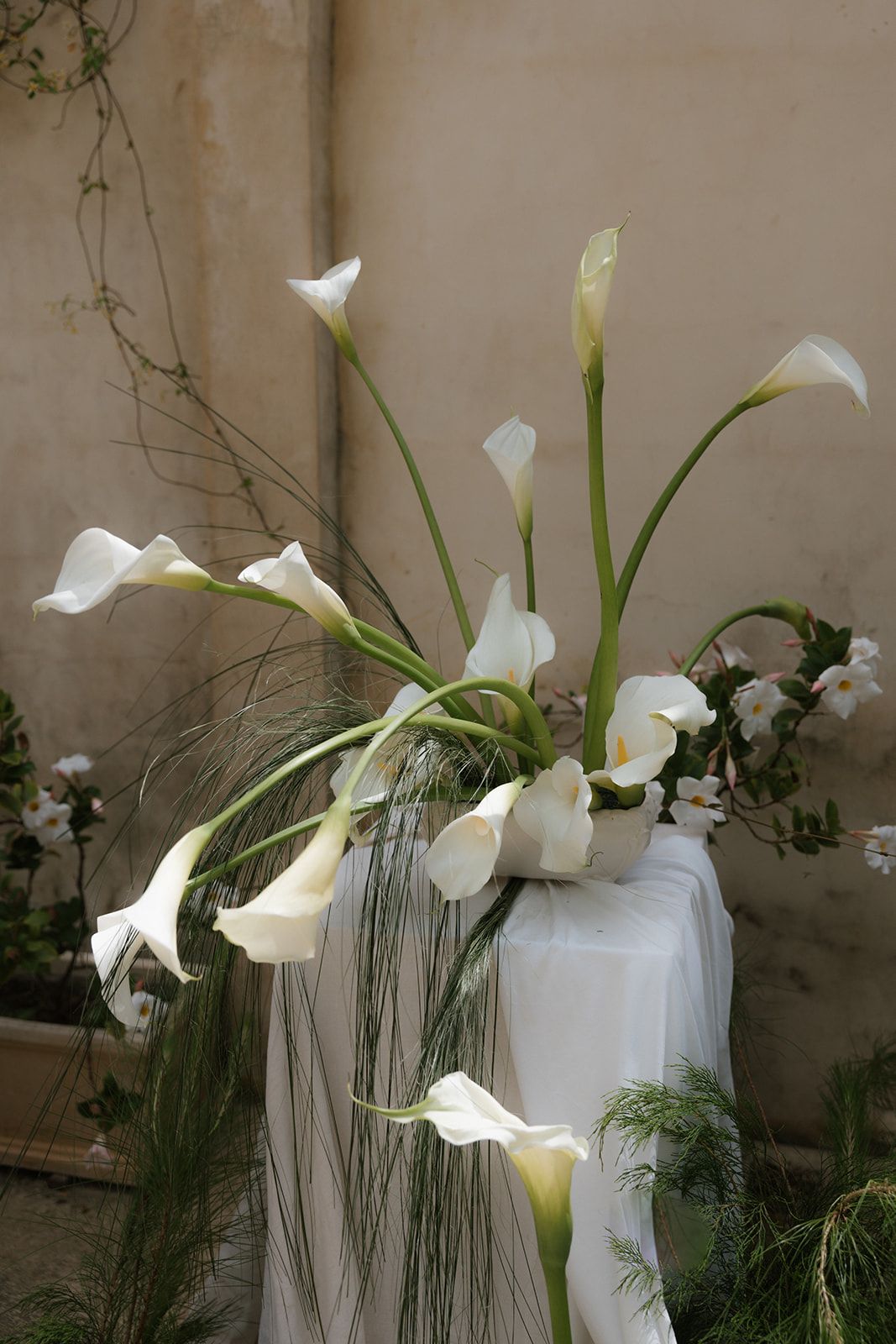White calla lilies and delicate greenery arranged in a modern minimalist vase against a neutral wall.