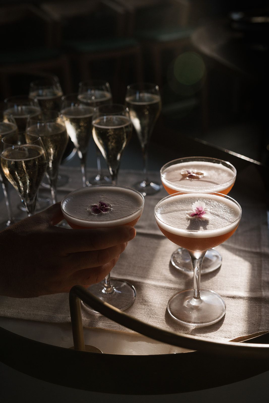 A series of elegant cocktail glasses with pink drinks and floral garnishes photographed in dramatic lighting on a wooden surface.