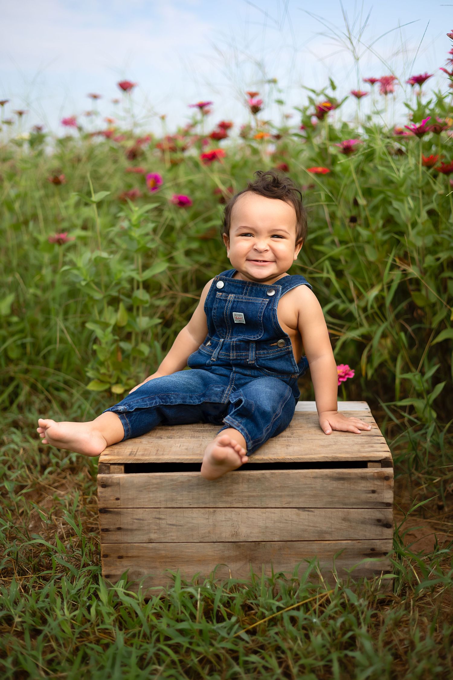 Child sits on rustic wooden crate surrounded by blooming zinnias for outside photo shoot.