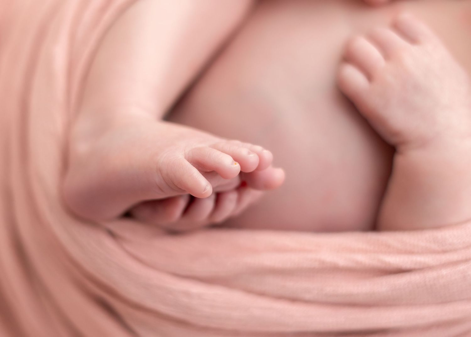 Close-up of a sleeping newborn baby wrapped in a soft pink blanket, showcasing tiny delicate hands and feet.