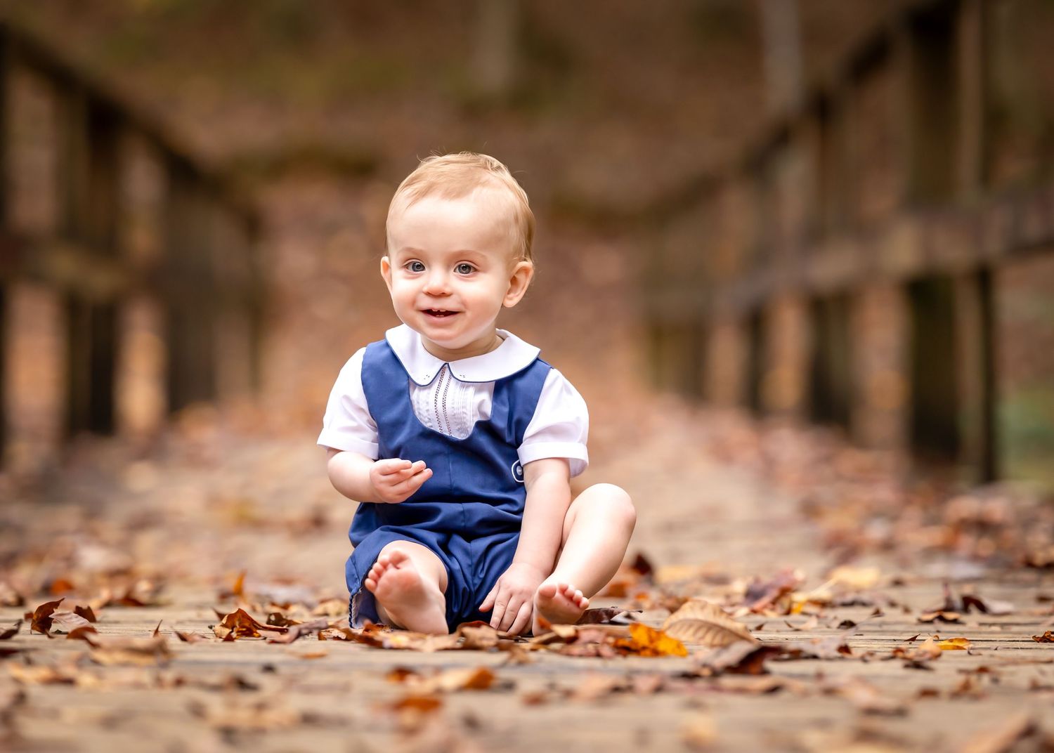 Baby in blue overalls sits among fallen autumn leaves on a path with blurred background.