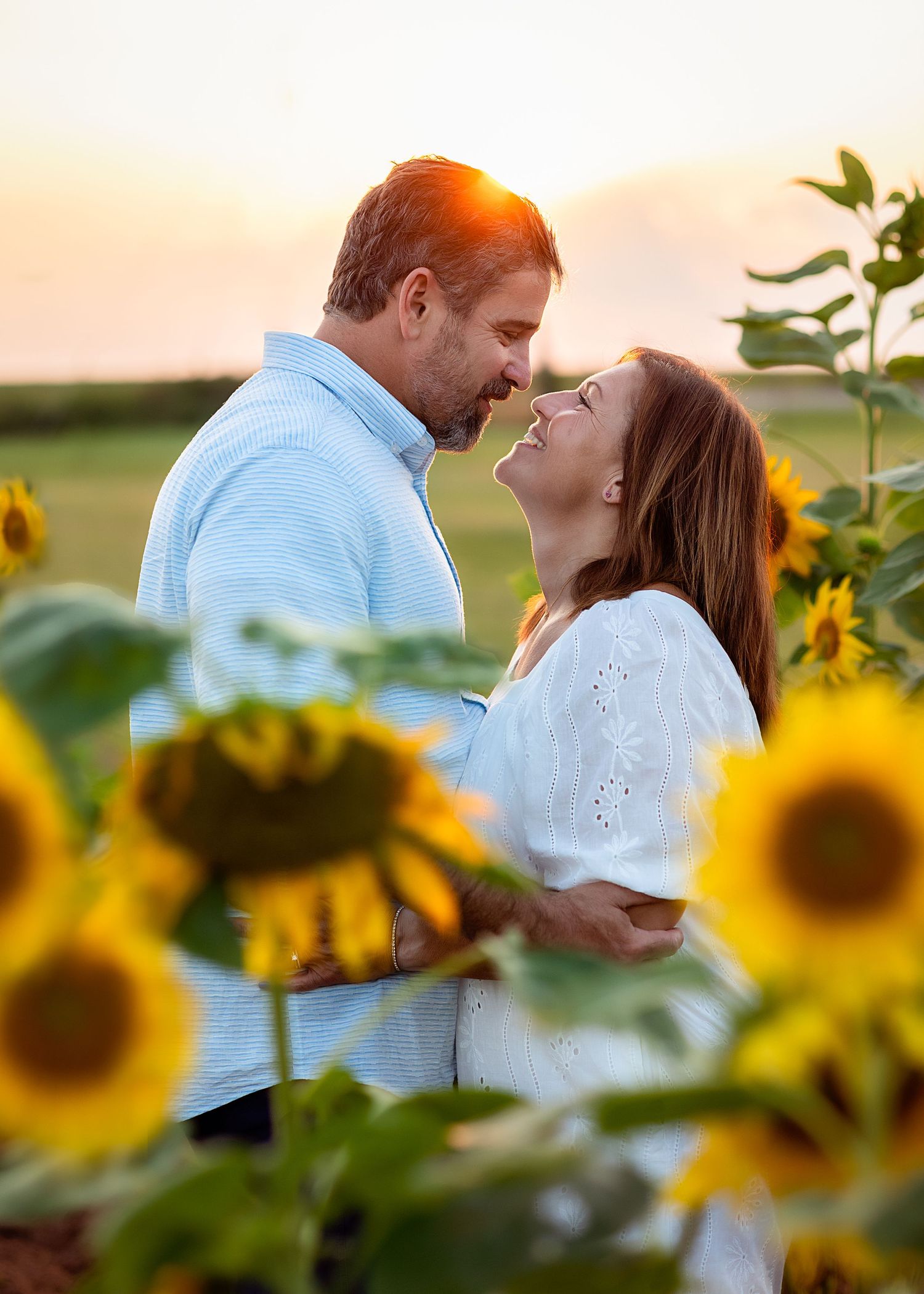 Couple among blooming sunflowers at sunset.