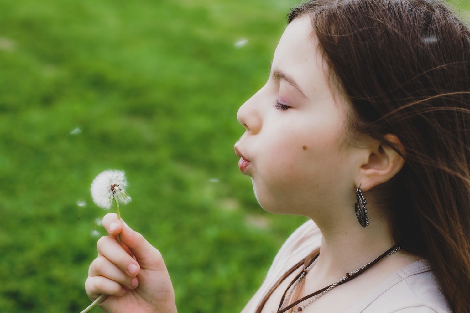 Young girl blowing a dandelion in a green field, dreamy natural light outdoor portrait, Finger Lakes NY, Soft Wild Light.