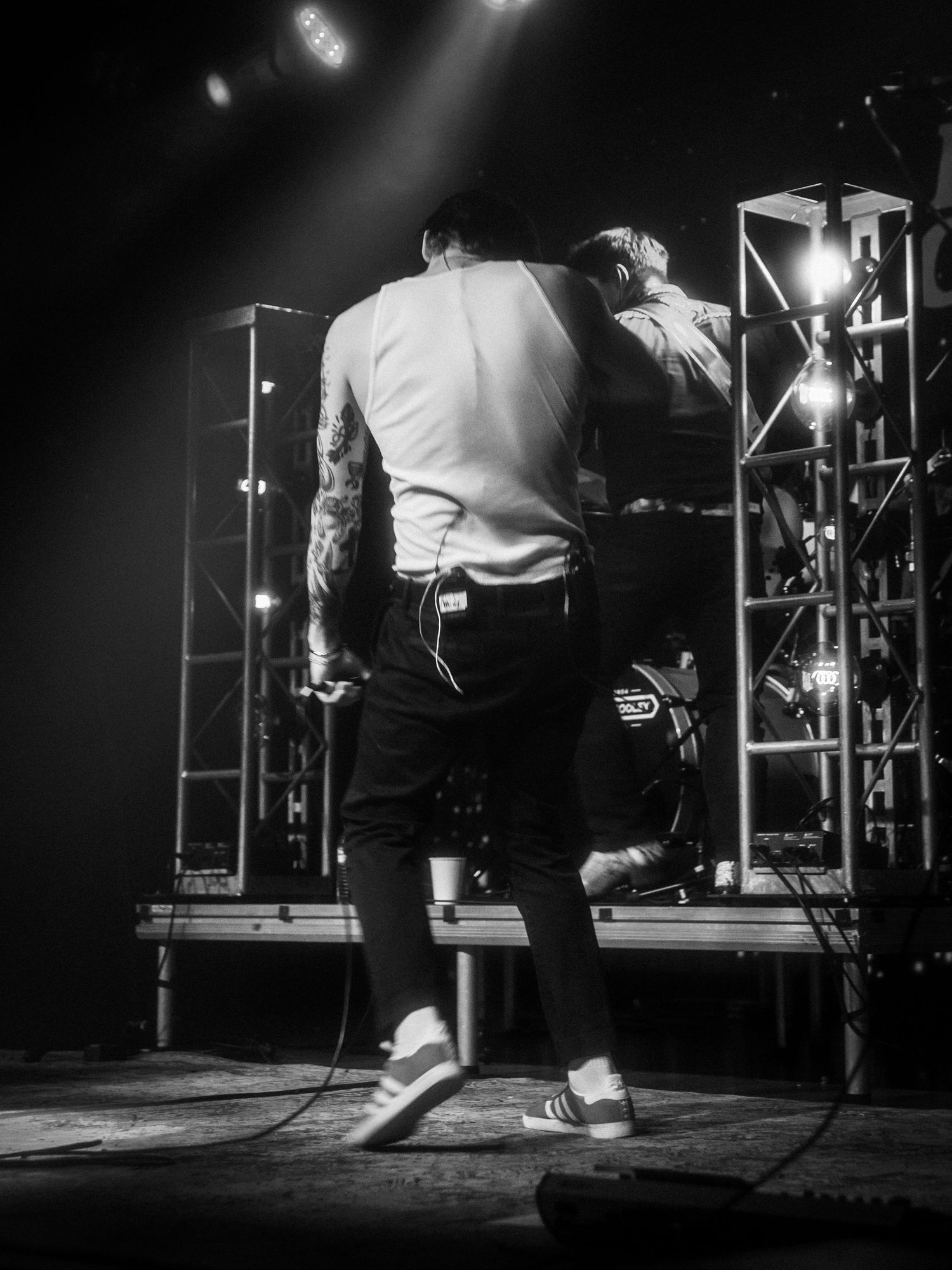 Black and white photograph of a live music performance.