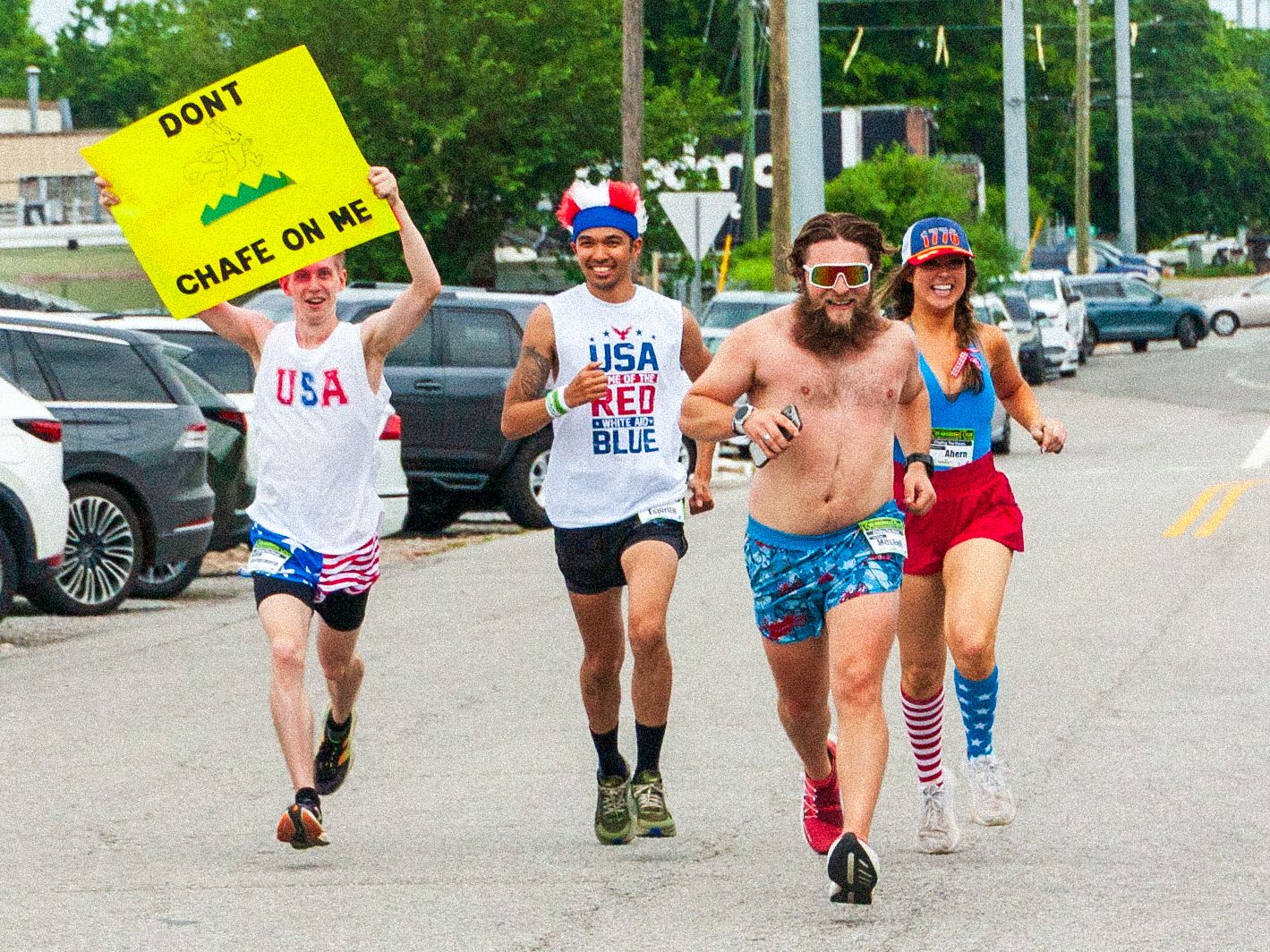 Color photograph of a road race.