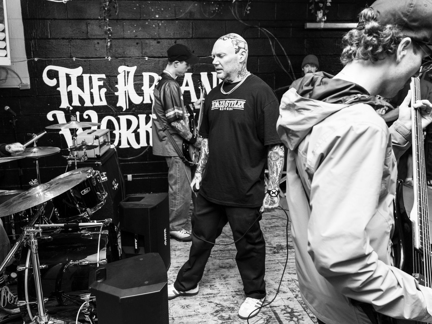 Black and white photograph of a live music performance.