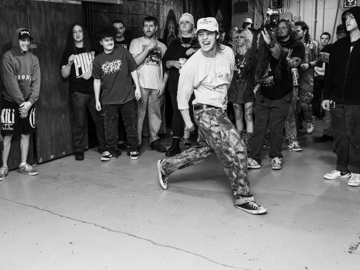 Black and white photograph of a live music performance.