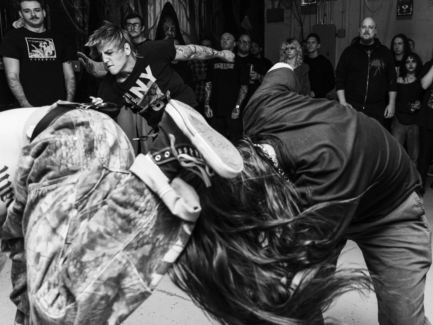 Black and white photograph of a live music performance.